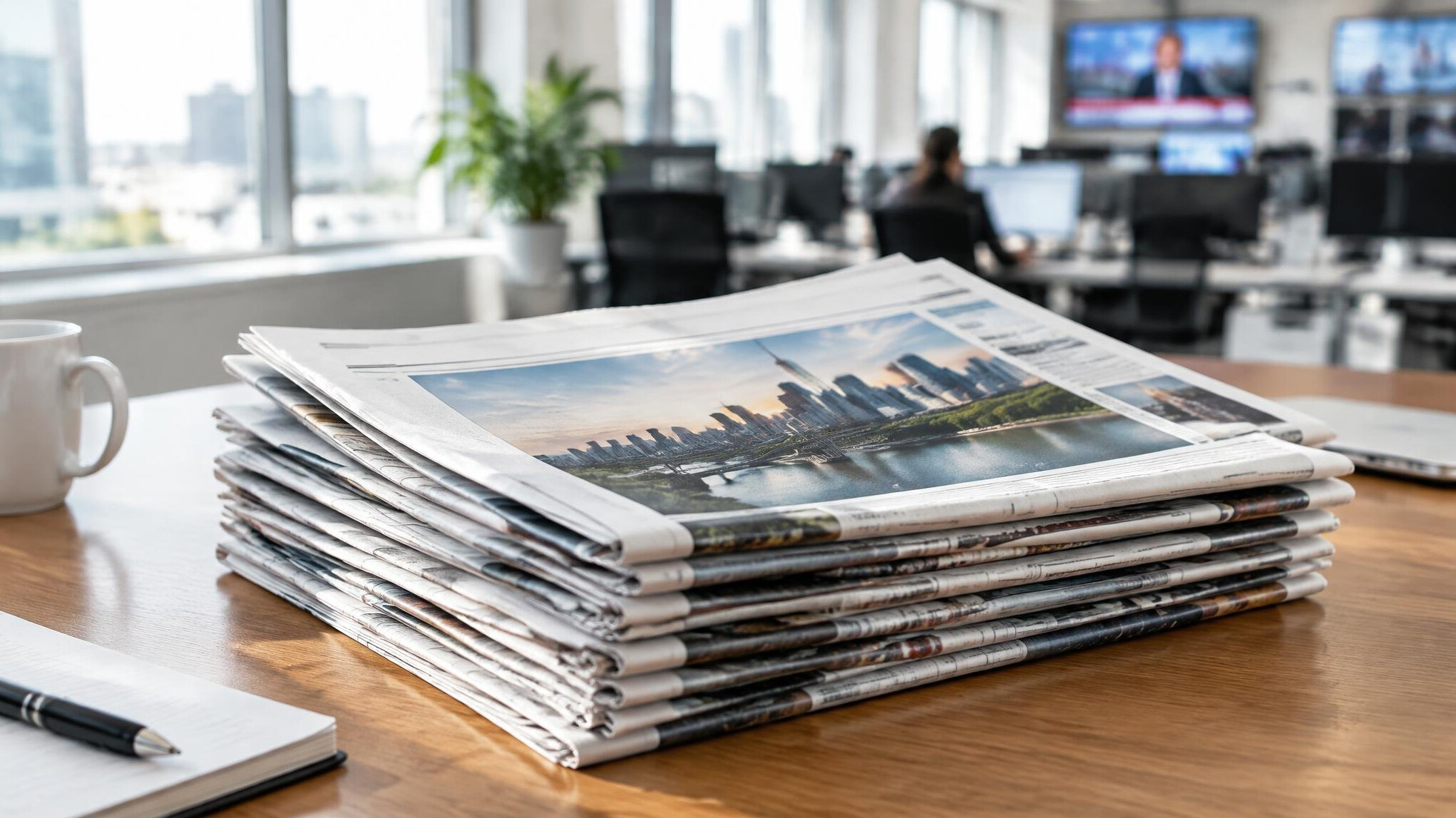 Stack of folded newspapers on a table