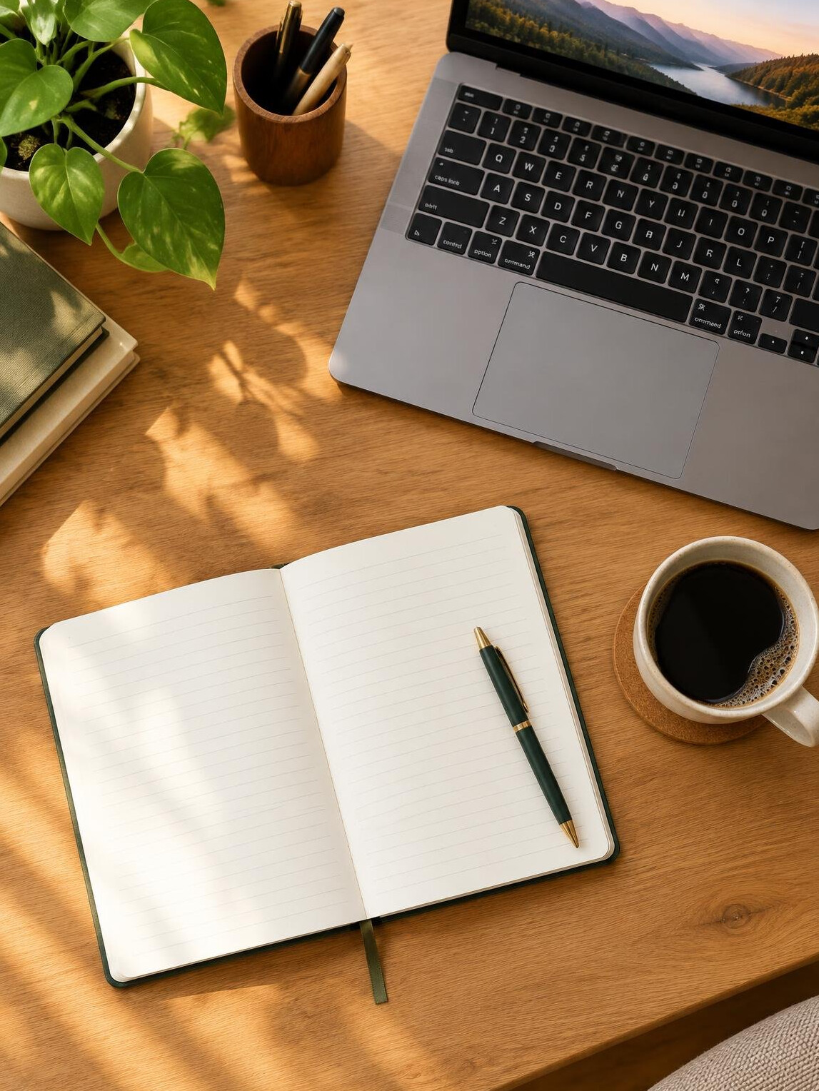 Journalist notes and laptop on a writing desk