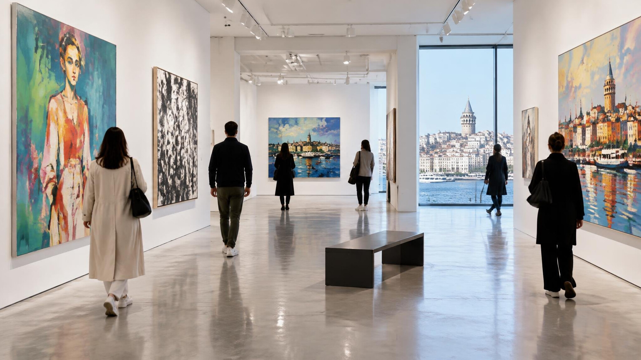 Visitors in a modern art gallery