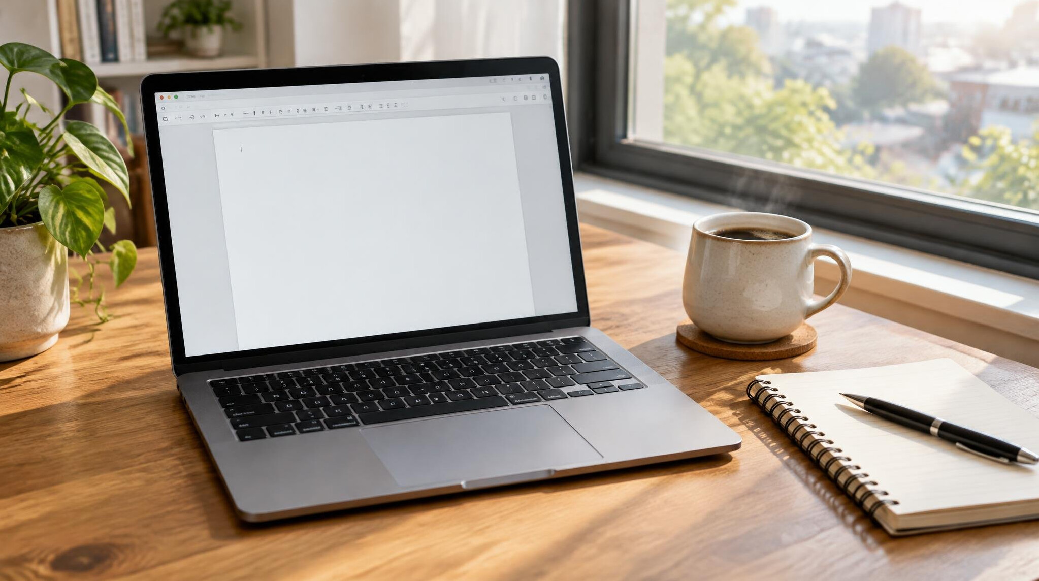 Laptop and coffee on a wooden desk
